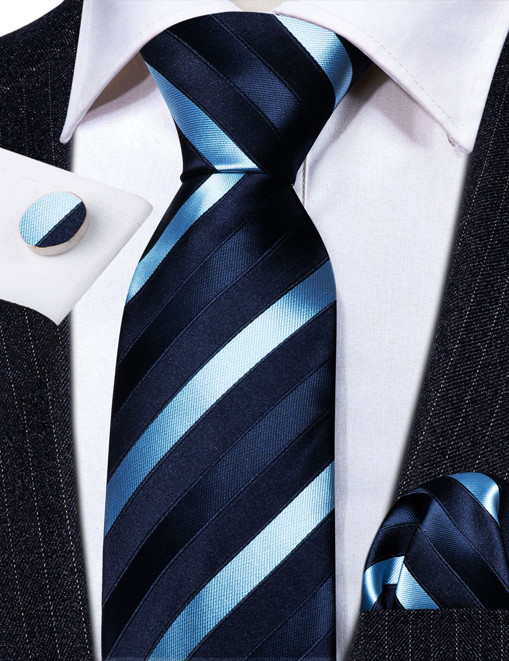 Blue Striped Silk Tie, Pocket Square and Cufflinks Set tie sets - Sophisticated Gentlemen