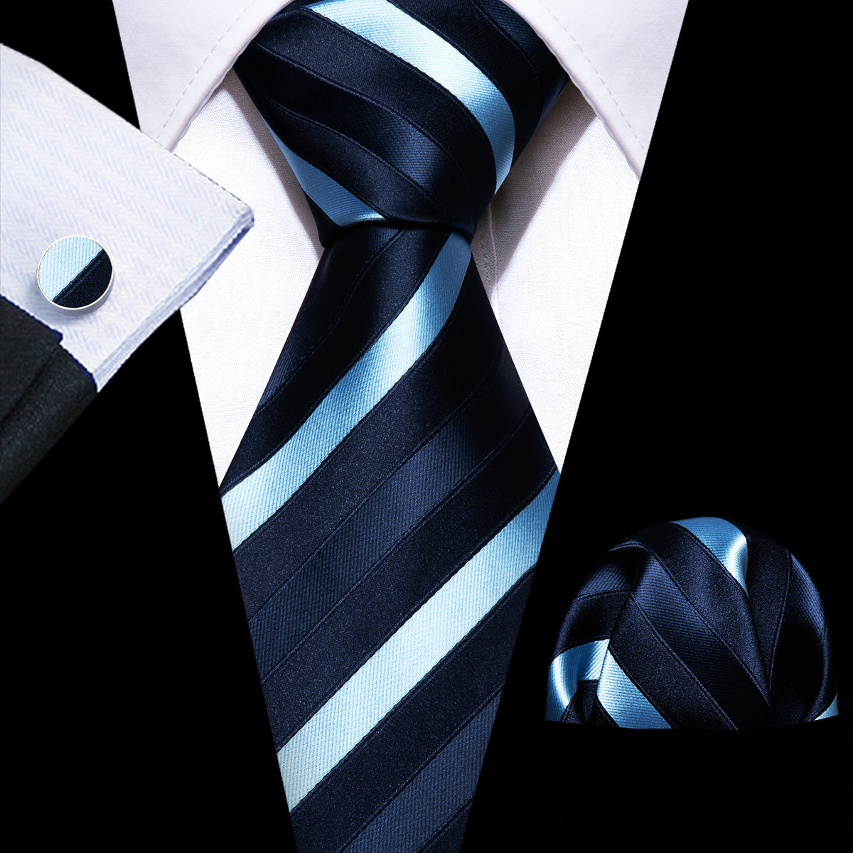 Blue Striped Silk Tie, Pocket Square and Cufflinks Set tie sets - Sophisticated Gentlemen