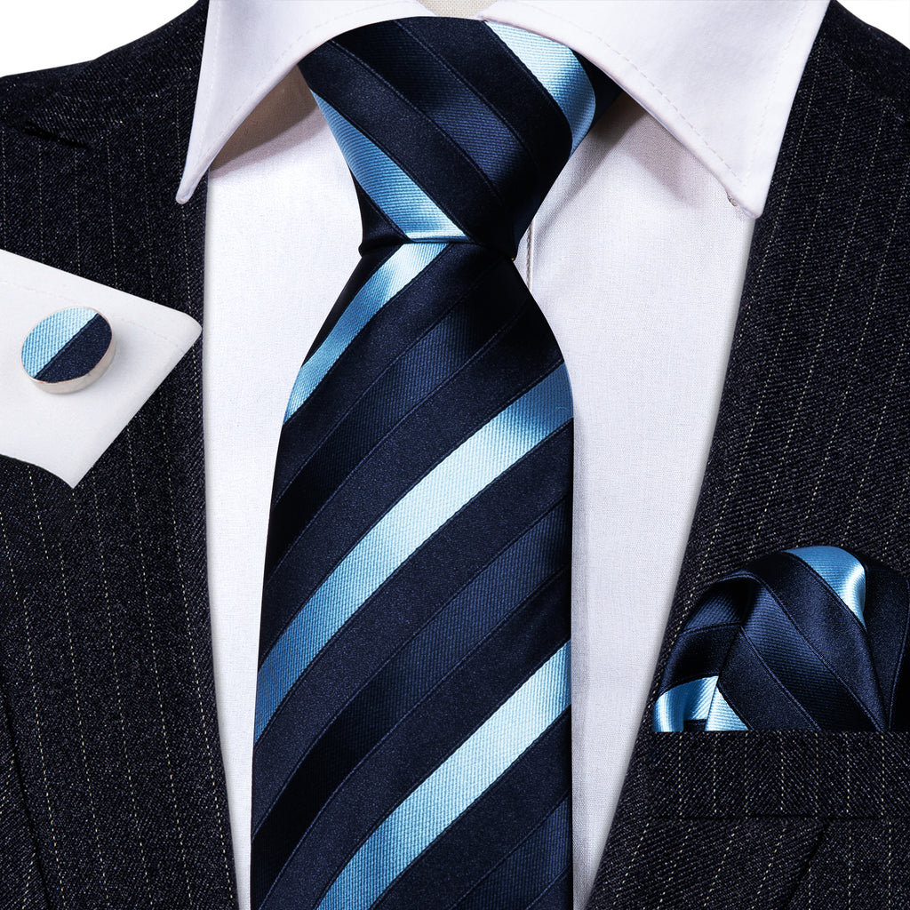 Blue Striped Silk Tie, Pocket Square and Cufflinks Set tie sets - Sophisticated Gentlemen