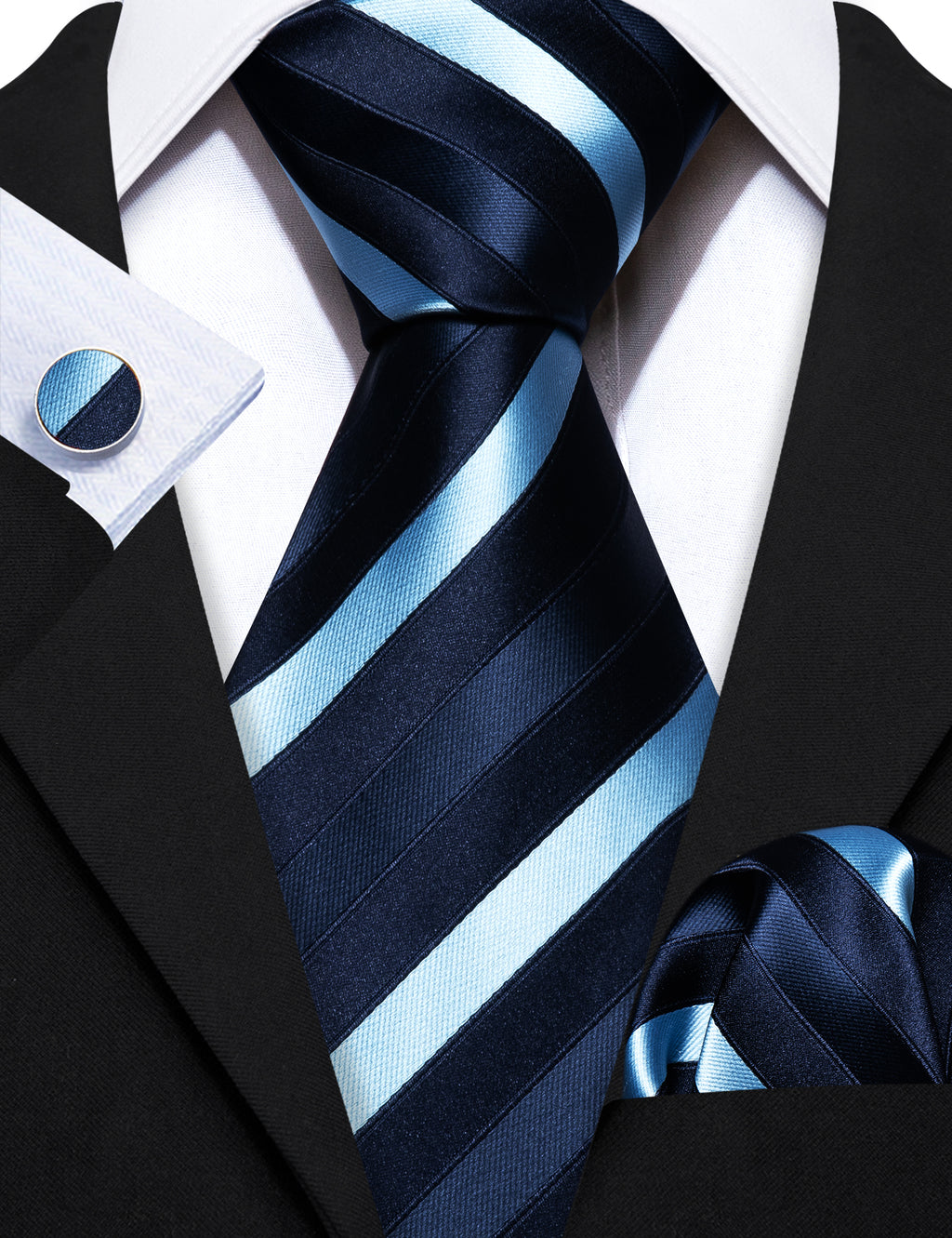 Blue Striped Silk Tie, Pocket Square and Cufflinks Set tie sets - Sophisticated Gentlemen