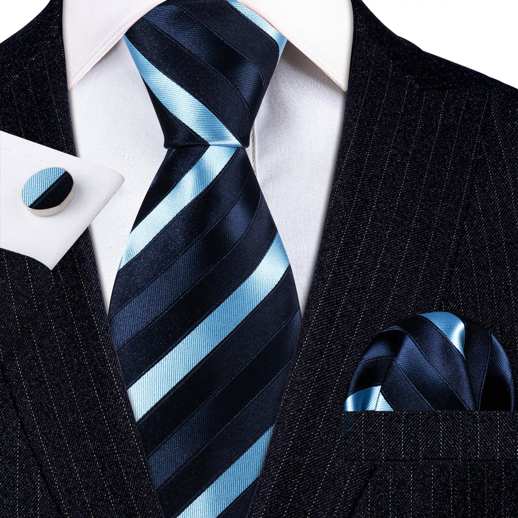 Blue Striped Silk Tie, Pocket Square and Cufflinks Set tie sets - Sophisticated Gentlemen