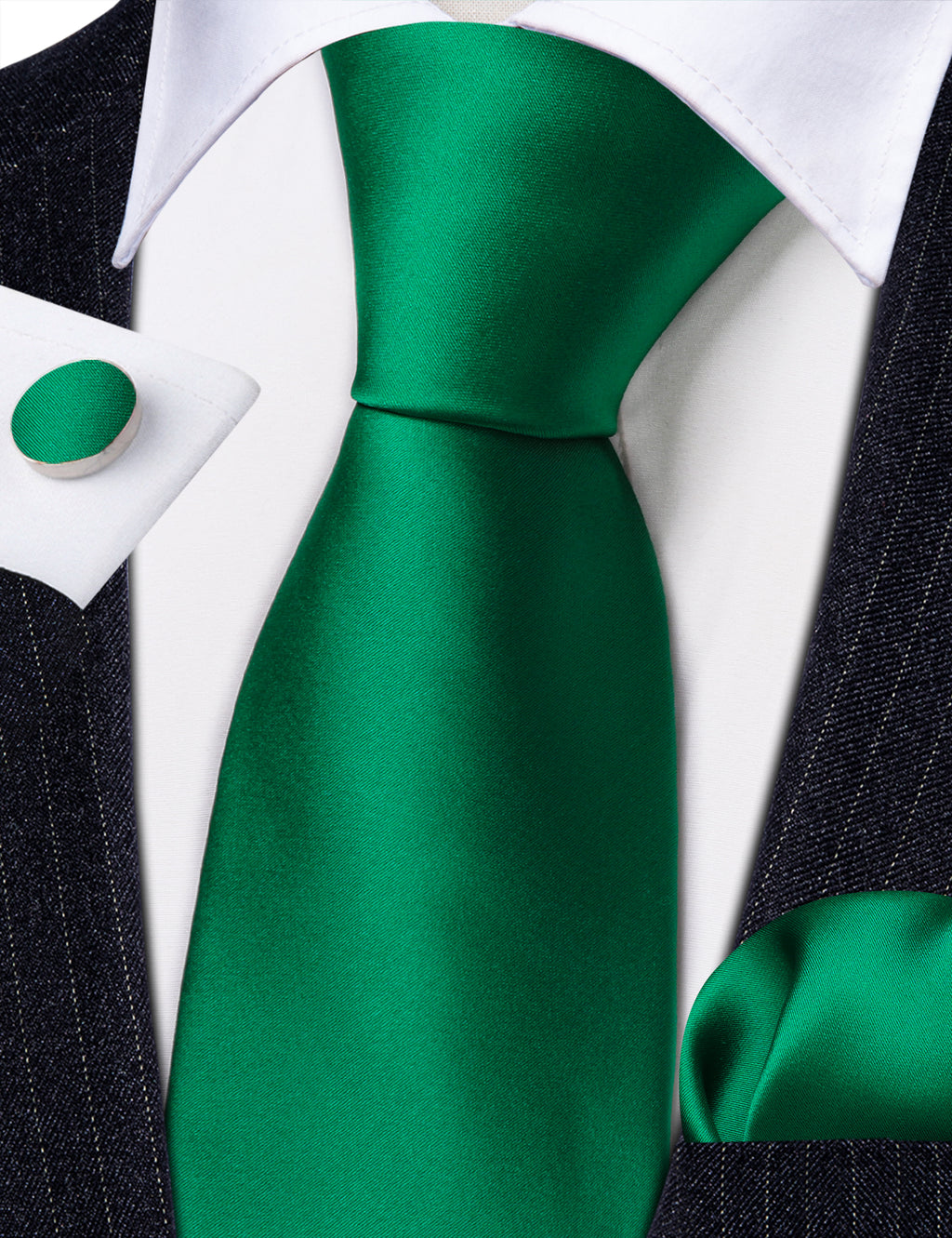 Emerald Green Solid Silk Tie, Pocket Square and Cufflinks Set tie sets - Sophisticated Gentlemen