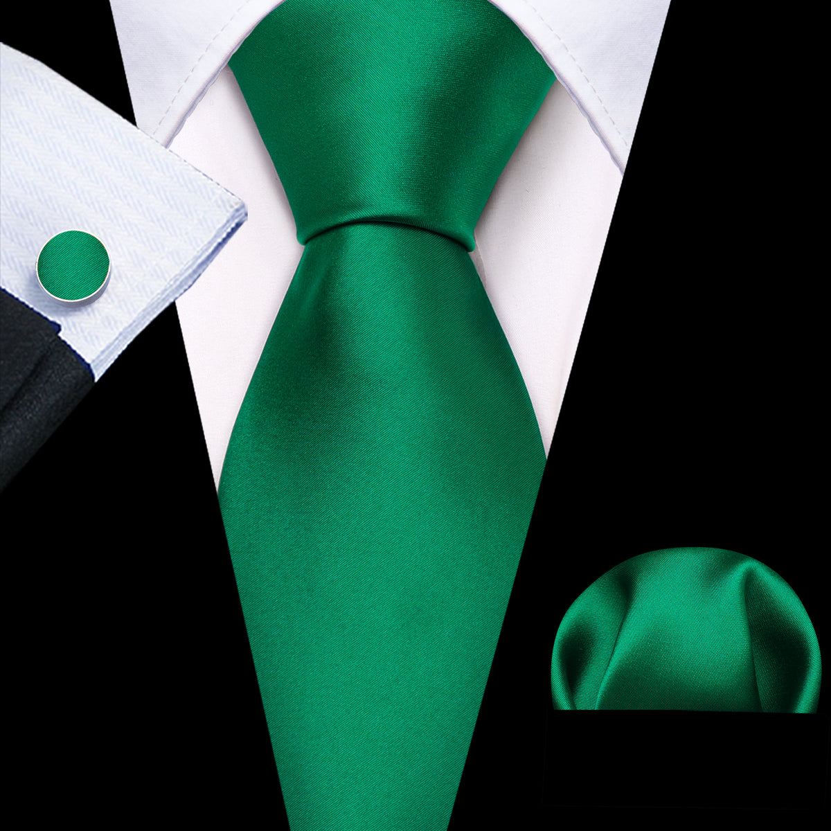 Emerald Green Solid Silk Tie, Pocket Square and Cufflinks Set tie sets - Sophisticated Gentlemen