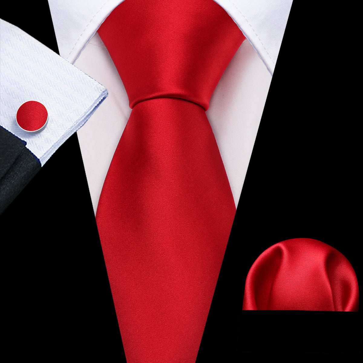 Red Solid Silk Satin Tie, Pocket Square and Cufflinks Set tie sets - Sophisticated Gentlemen