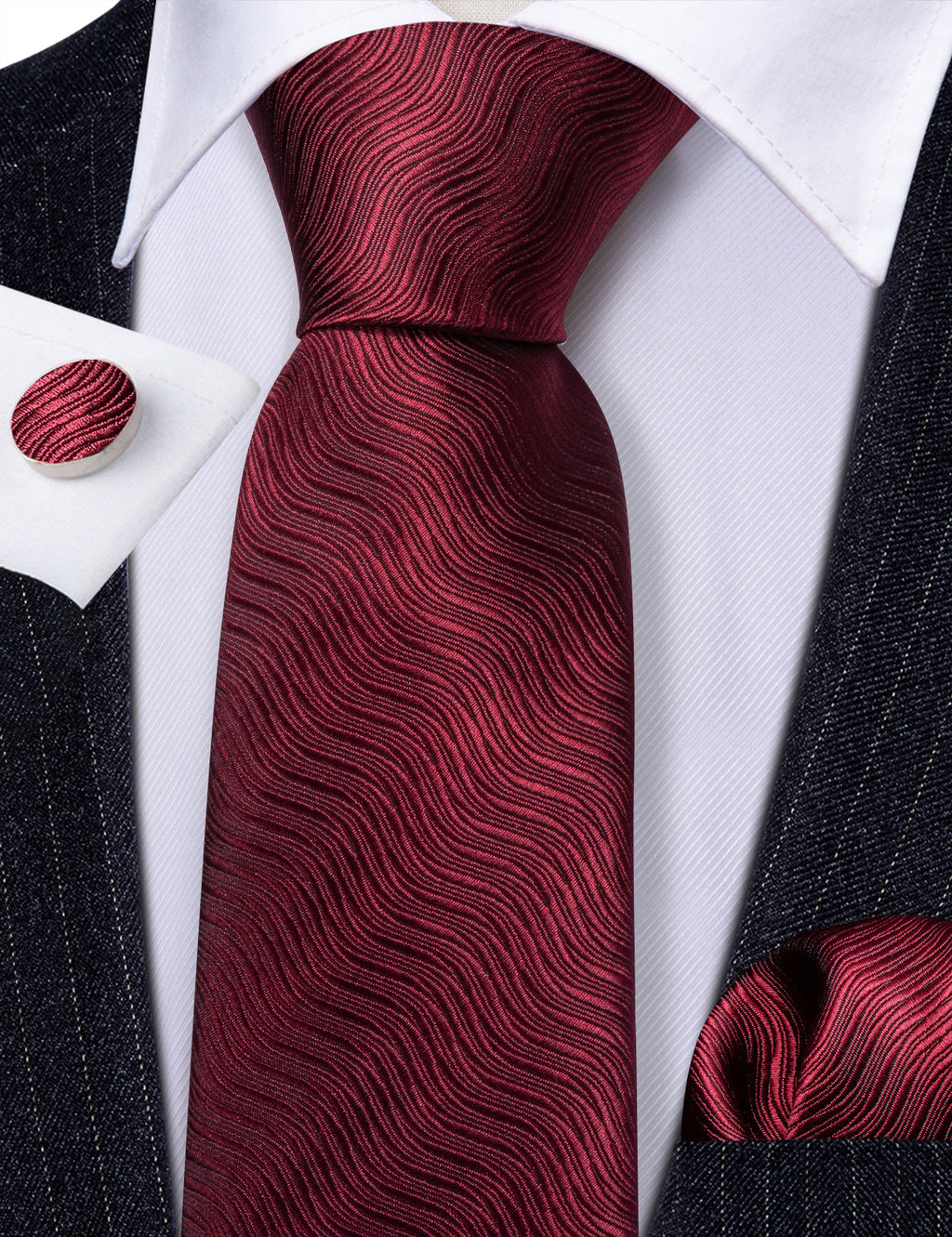 Burgundy Red Solid Ripples Silk Tie, Pocket Square and Cufflinks Set tie sets - Sophisticated Gentlemen