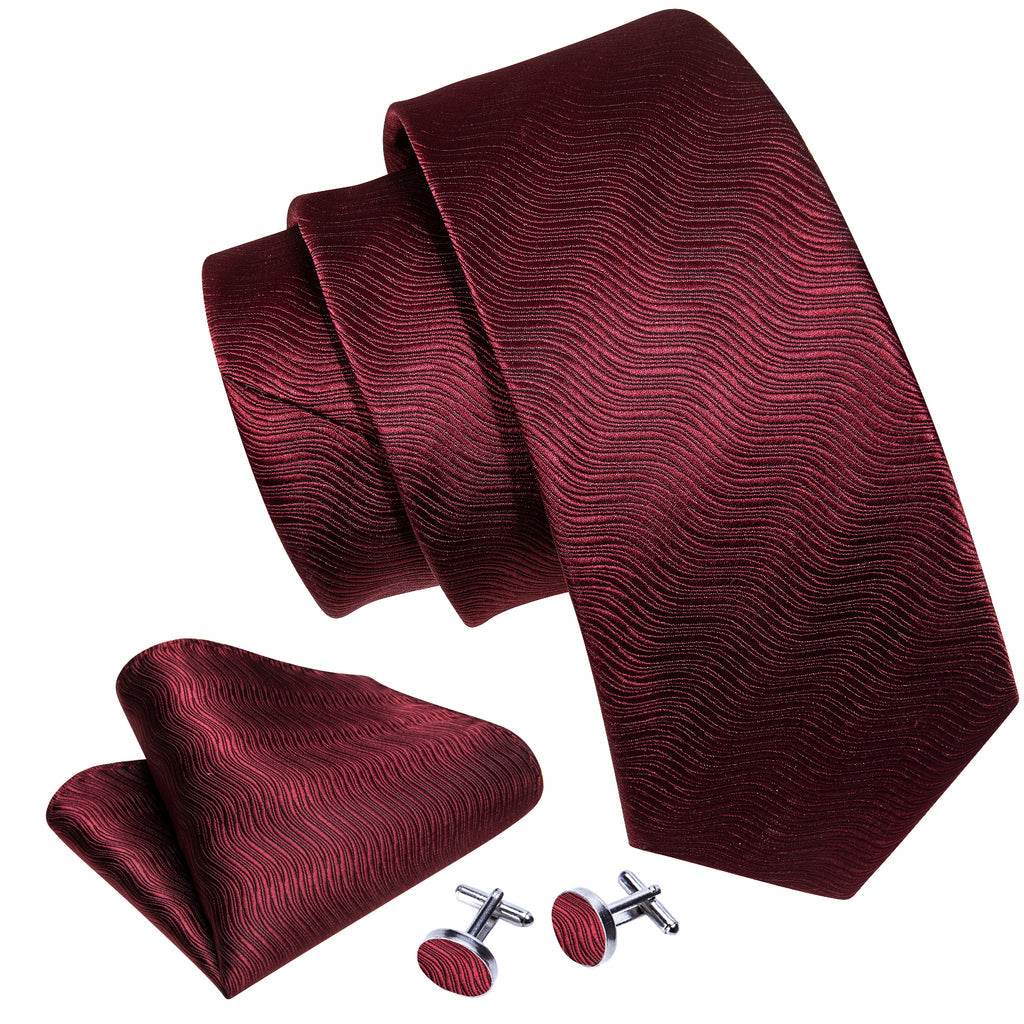 Burgundy Red Solid Ripples Silk Tie, Pocket Square and Cufflinks Set tie sets - Sophisticated Gentlemen