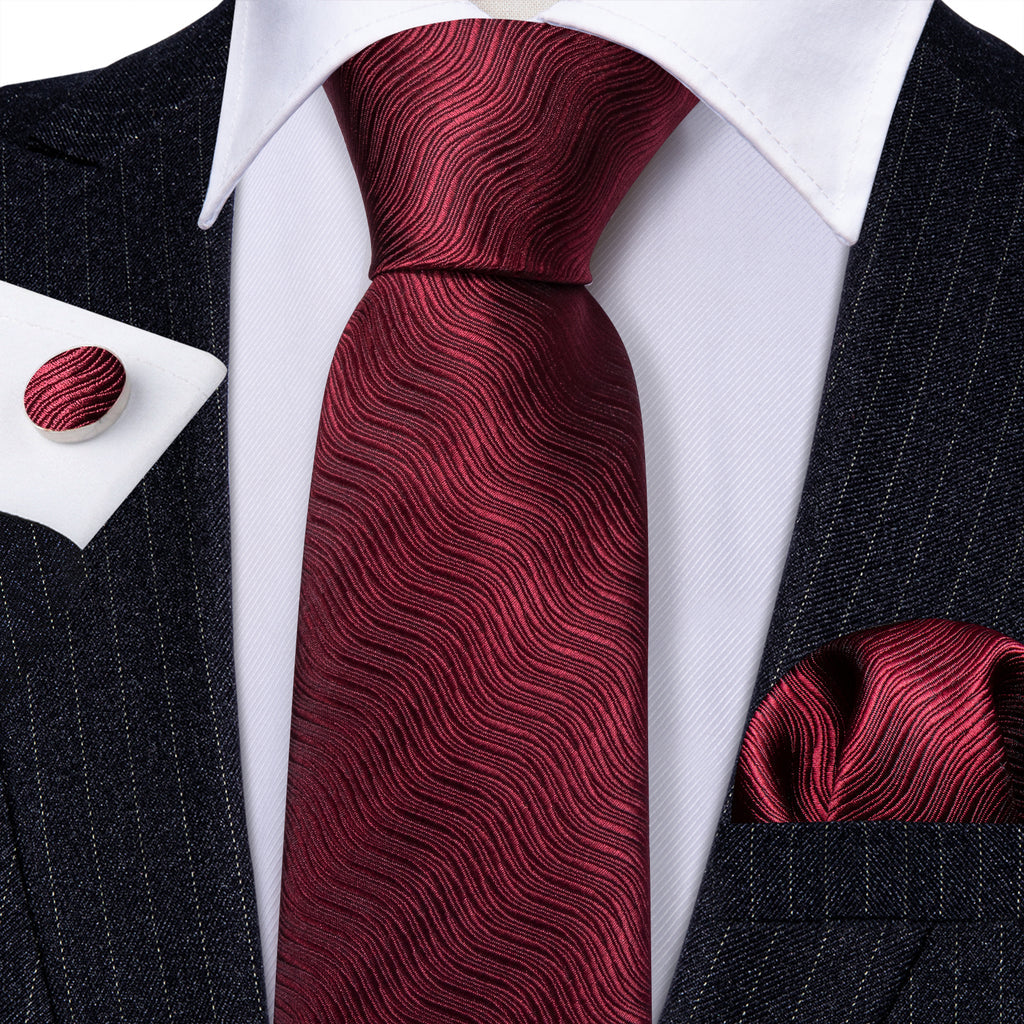 Burgundy Red Solid Ripples Silk Tie, Pocket Square and Cufflinks Set tie sets - Sophisticated Gentlemen