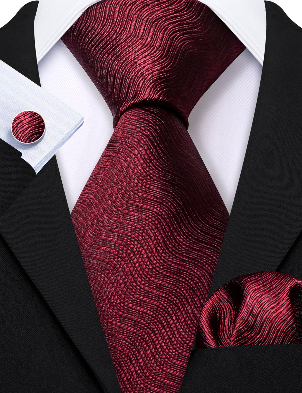 Burgundy Red Solid Ripples Silk Tie, Pocket Square and Cufflinks Set tie sets - Sophisticated Gentlemen