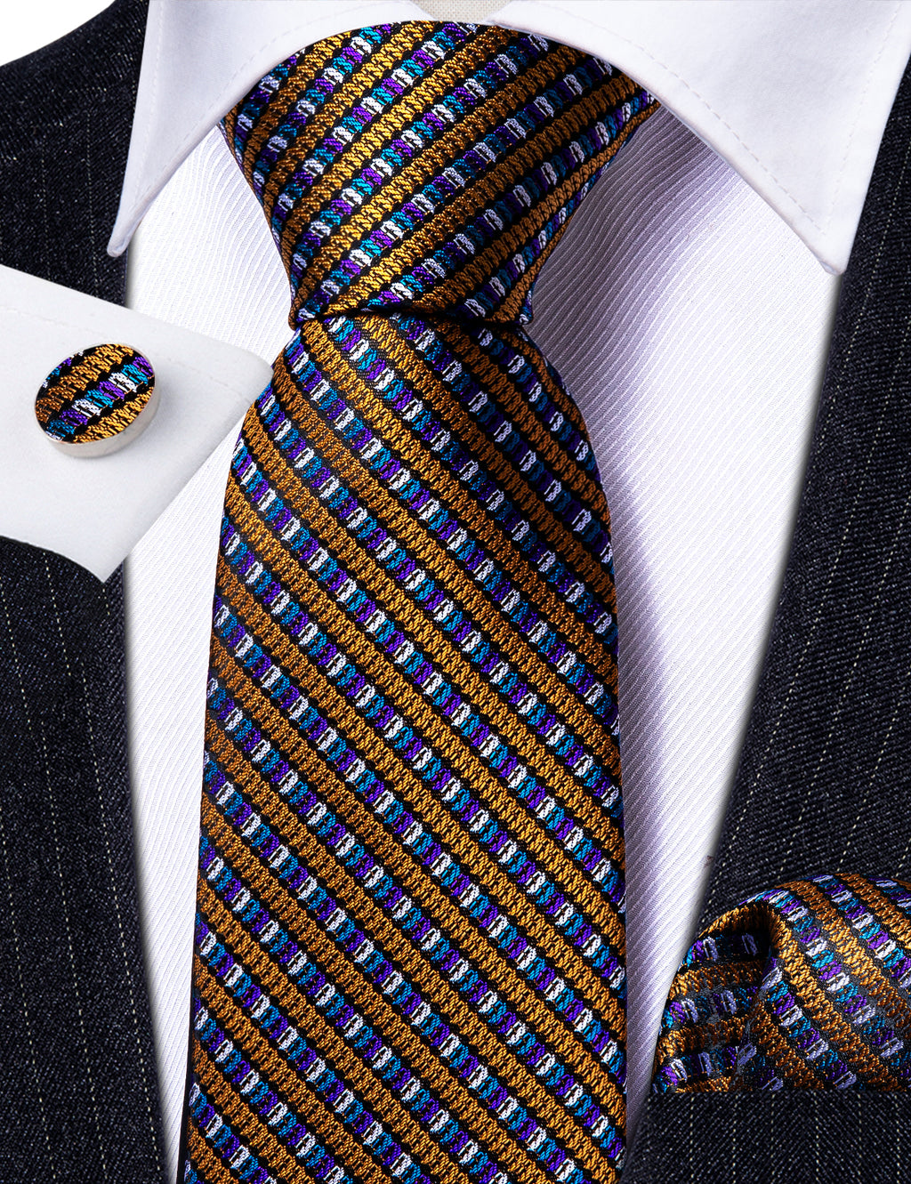 Gold Purple Novelty Striped Silk Tie, Pocket Square and Cufflinks Set tie sets - Sophisticated Gentlemen