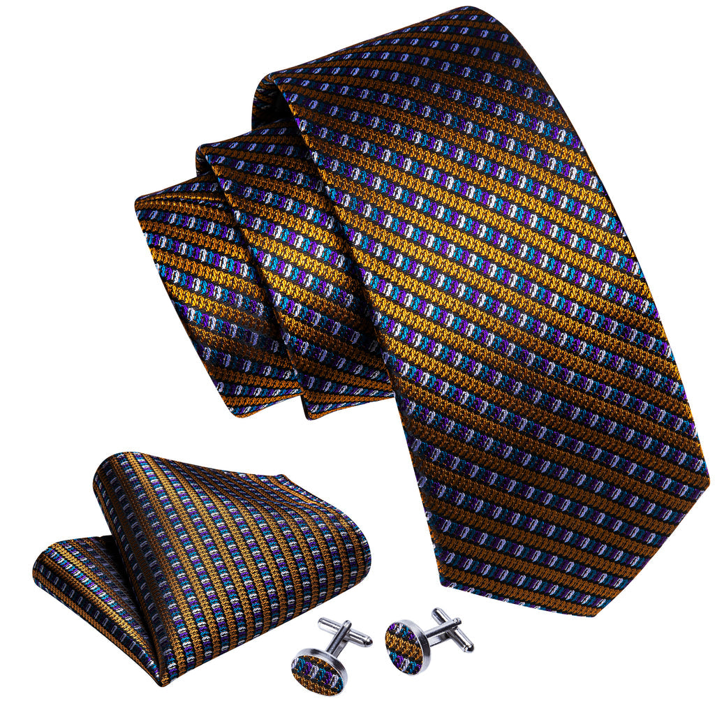 Gold Purple Novelty Striped Silk Tie, Pocket Square and Cufflinks Set tie sets - Sophisticated Gentlemen
