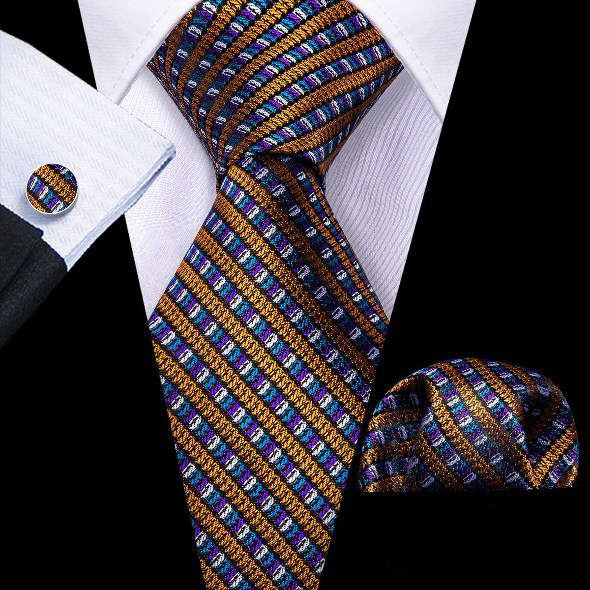 Gold Purple Novelty Striped Silk Tie, Pocket Square and Cufflinks Set tie sets - Sophisticated Gentlemen