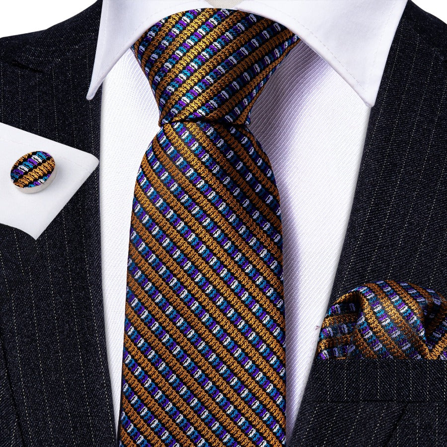 Gold Purple Novelty Striped Silk Tie, Pocket Square and Cufflinks Set tie sets - Sophisticated Gentlemen