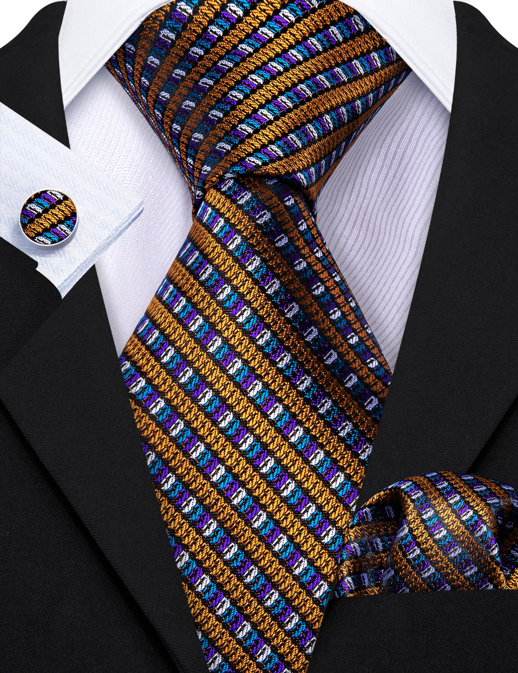 Gold Purple Novelty Striped Silk Tie, Pocket Square and Cufflinks Set tie sets - Sophisticated Gentlemen