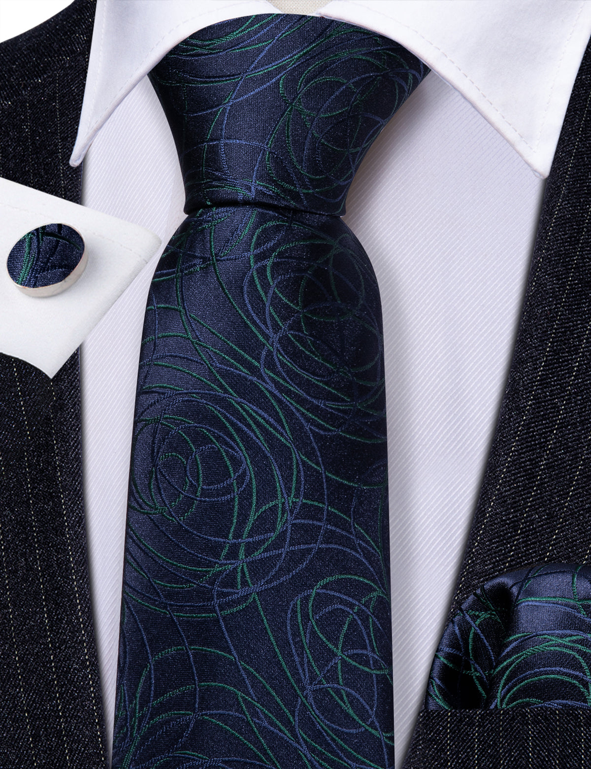 Blue Green Line Silk Tie, Pocket Square and Cufflinks Set tie sets - Sophisticated Gentlemen