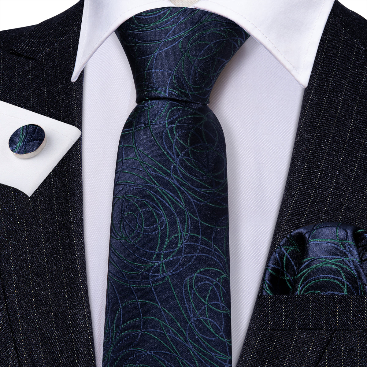 Blue Green Line Silk Tie, Pocket Square and Cufflinks Set tie sets - Sophisticated Gentlemen