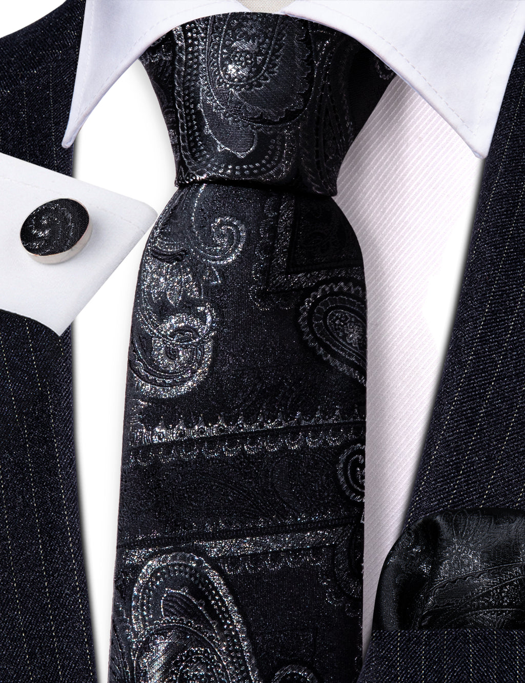 Black Paisley Silk Tie, Pocket Square and Cufflinks Set tie sets - Sophisticated Gentlemen