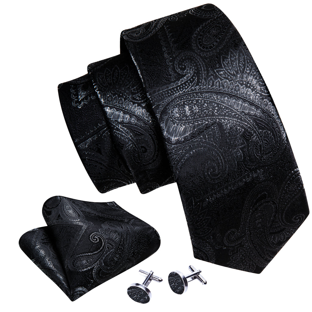 Black Paisley Silk Tie, Pocket Square and Cufflinks Set tie sets - Sophisticated Gentlemen