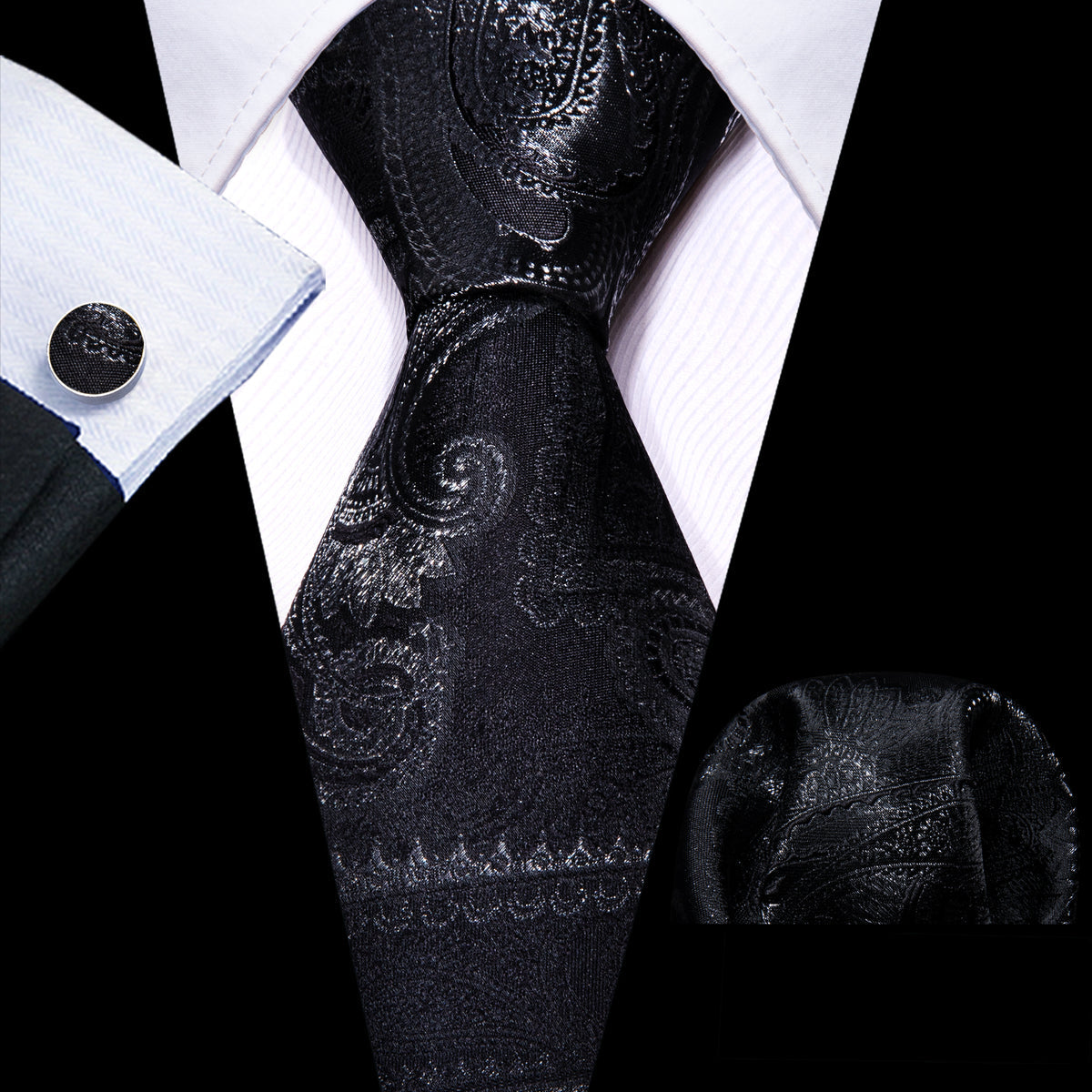Black Paisley Silk Tie, Pocket Square and Cufflinks Set tie sets - Sophisticated Gentlemen