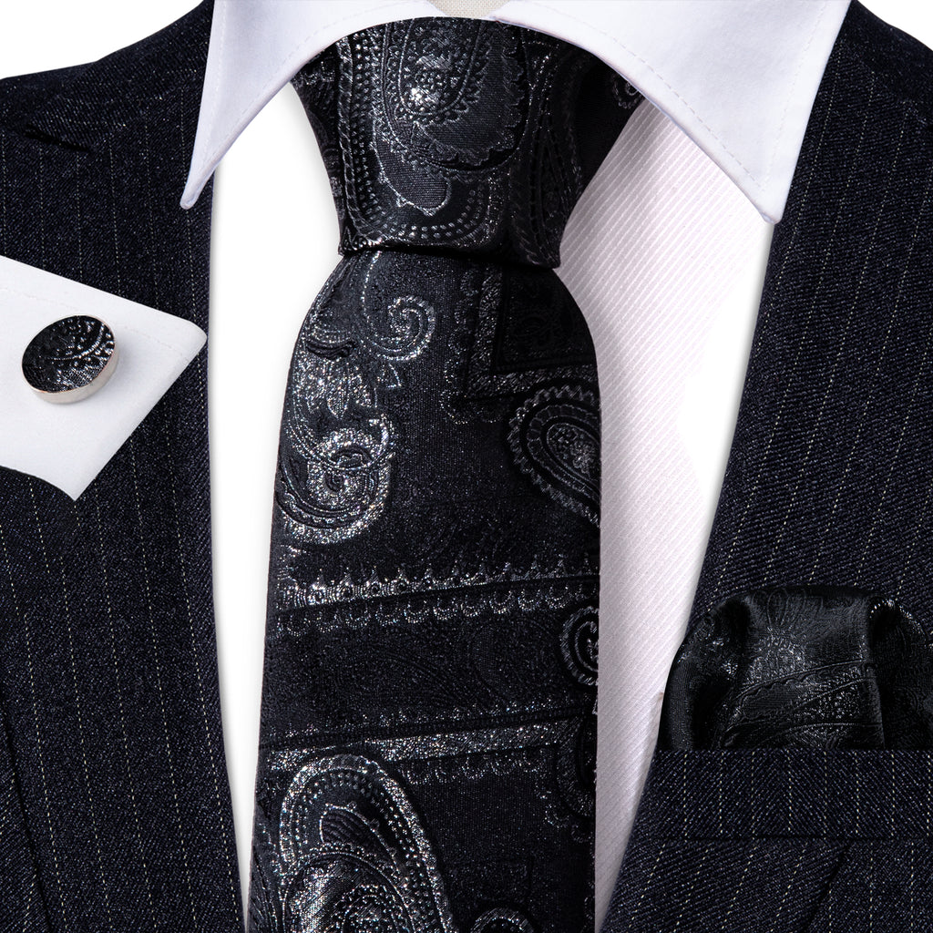 Black Paisley Silk Tie, Pocket Square and Cufflinks Set tie sets - Sophisticated Gentlemen