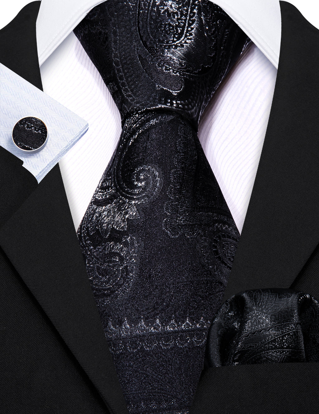 Black Paisley Silk Tie, Pocket Square and Cufflinks Set tie sets - Sophisticated Gentlemen