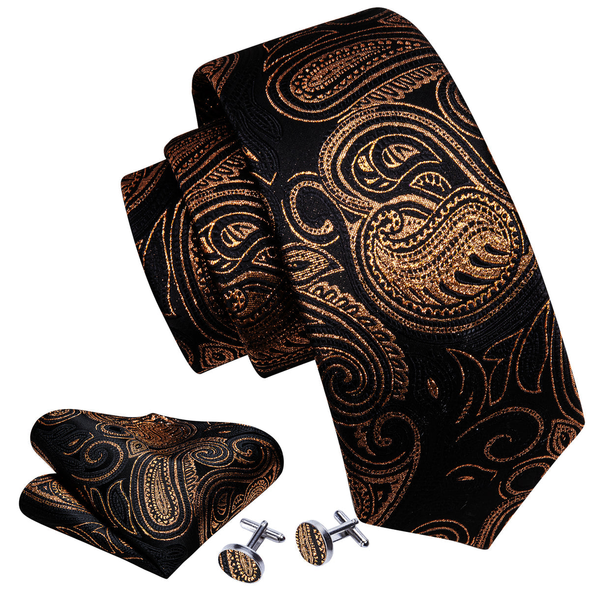 Black Gold Luxury Paisley Silk Tie, Pocket Square and Cufflinks Set tie sets - Sophisticated Gentlemen