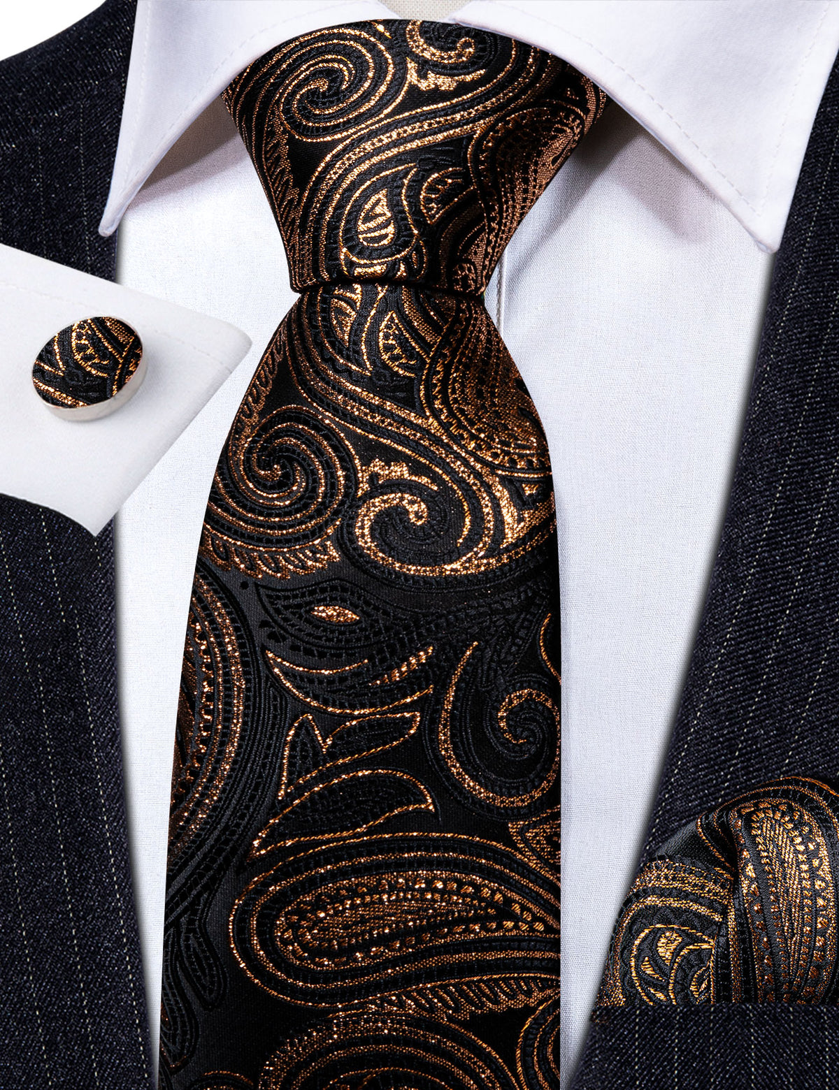 Black Gold Luxury Paisley Silk Tie, Pocket Square and Cufflinks Set tie sets - Sophisticated Gentlemen
