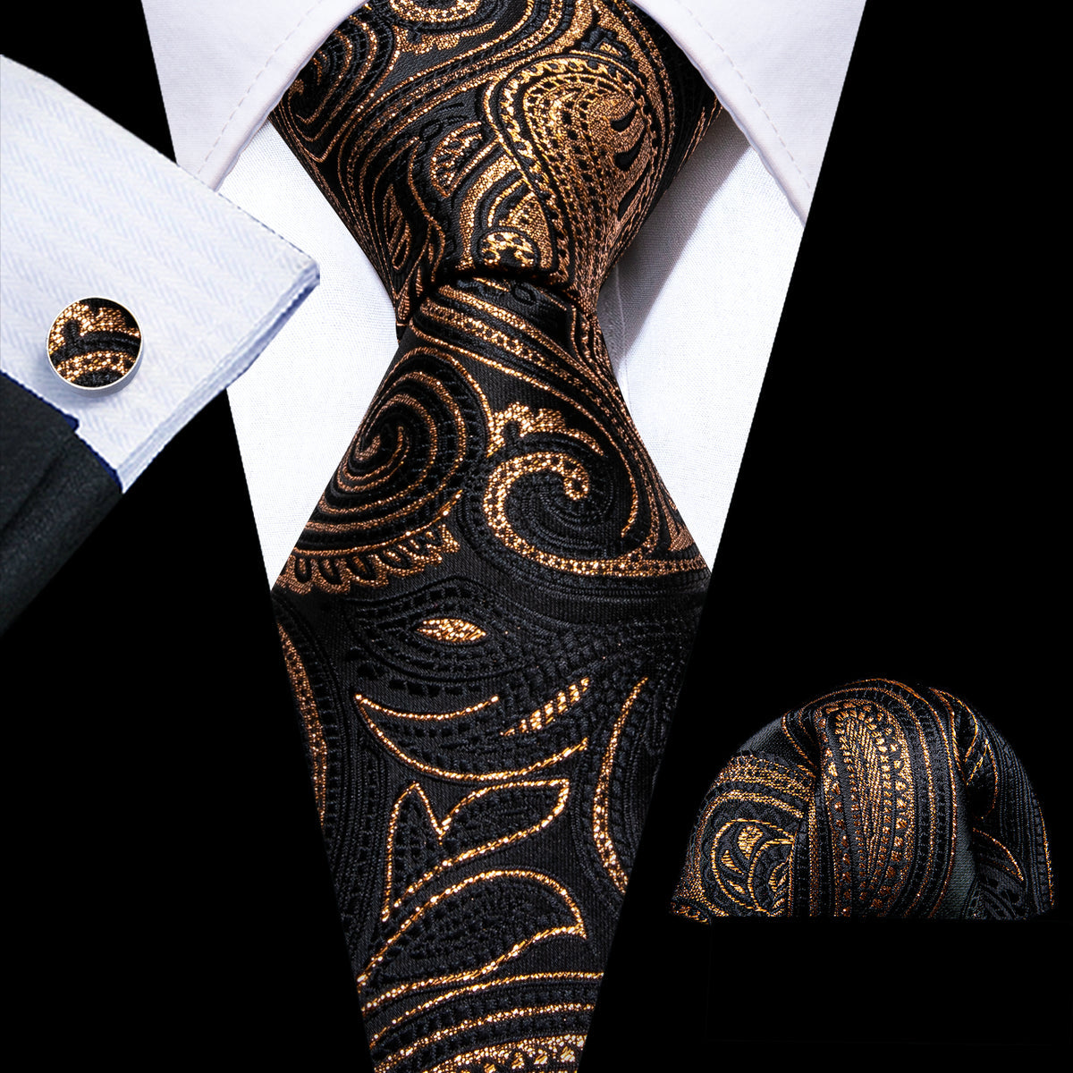 Black Gold Luxury Paisley Silk Tie, Pocket Square and Cufflinks Set tie sets - Sophisticated Gentlemen