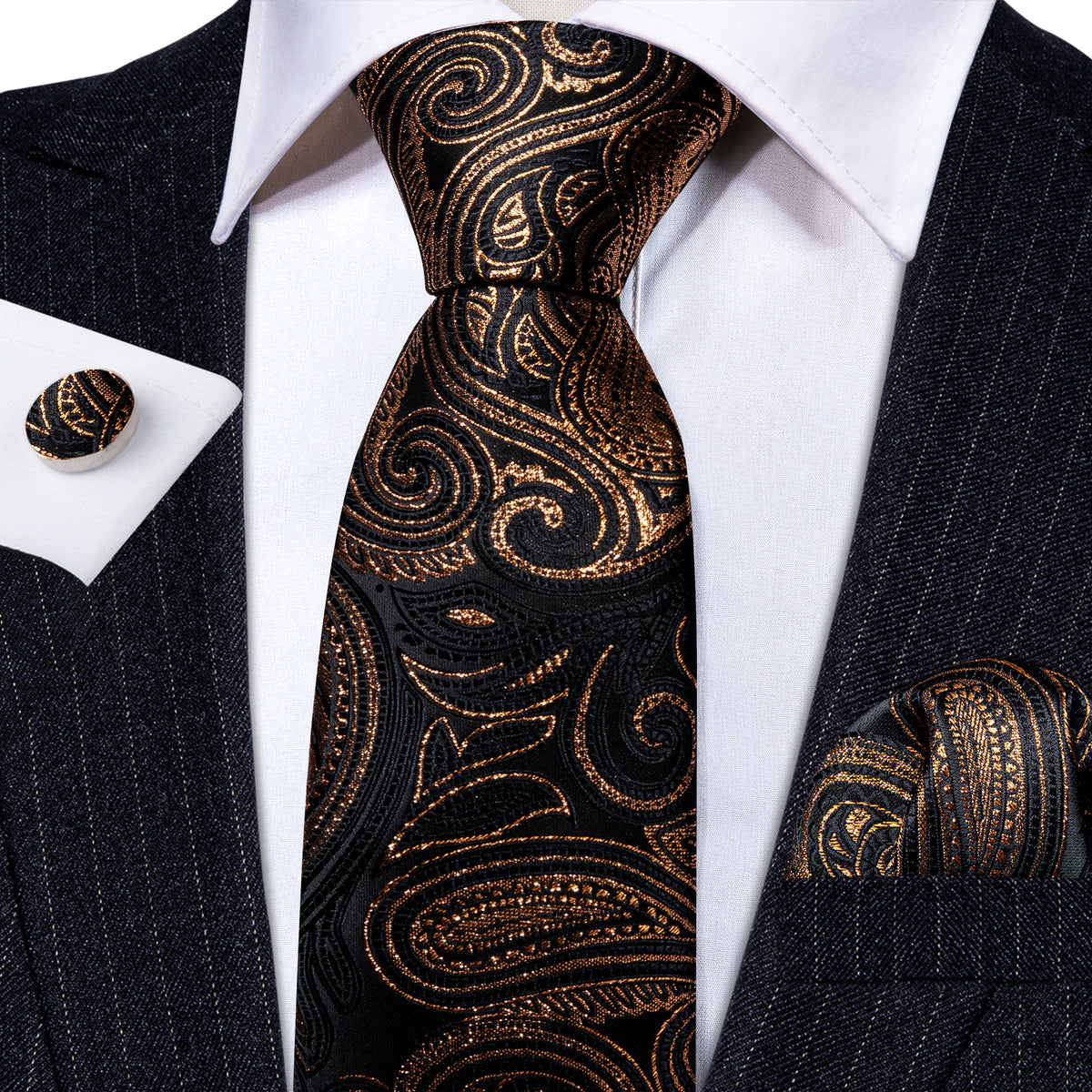 Black Gold Luxury Paisley Silk Tie, Pocket Square and Cufflinks Set tie sets - Sophisticated Gentlemen