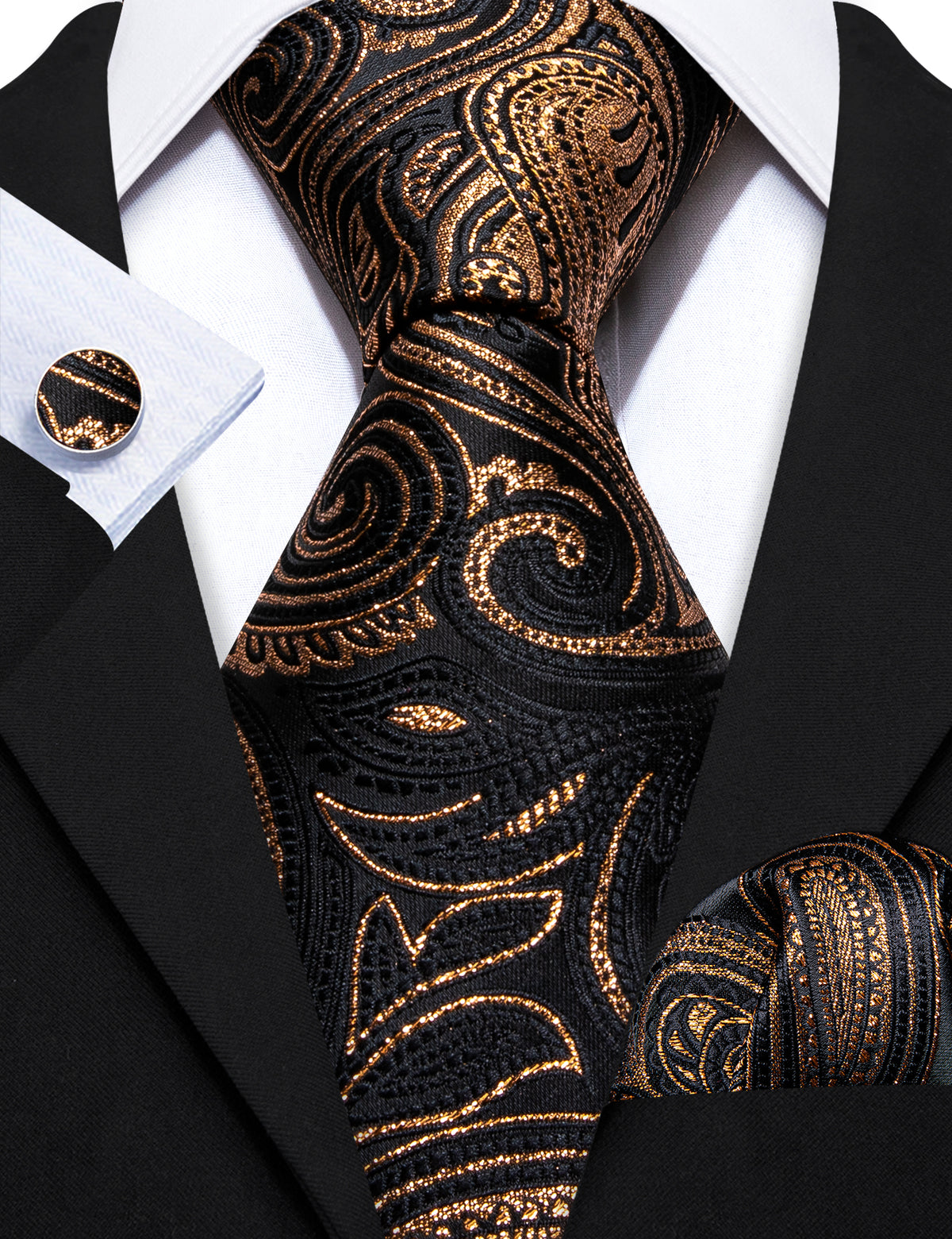 Black Gold Luxury Paisley Silk Tie, Pocket Square and Cufflinks Set tie sets - Sophisticated Gentlemen