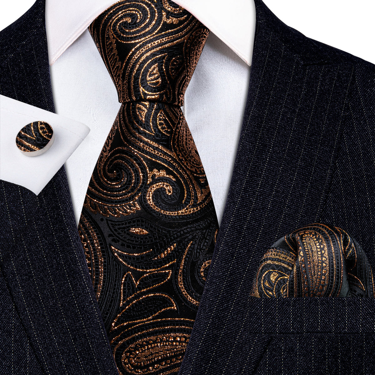 Black Gold Luxury Paisley Silk Tie, Pocket Square and Cufflinks Set tie sets - Sophisticated Gentlemen