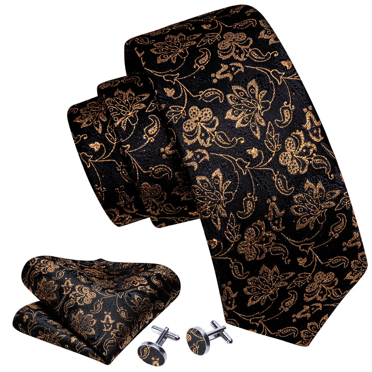 Black Gold Shining Paisley Tie, Pocket Square and Cufflinks Set tie sets - Sophisticated Gentlemen
