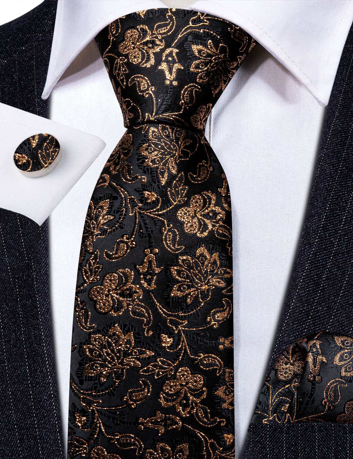 Black Gold Shining Paisley Tie, Pocket Square and Cufflinks Set tie sets - Sophisticated Gentlemen