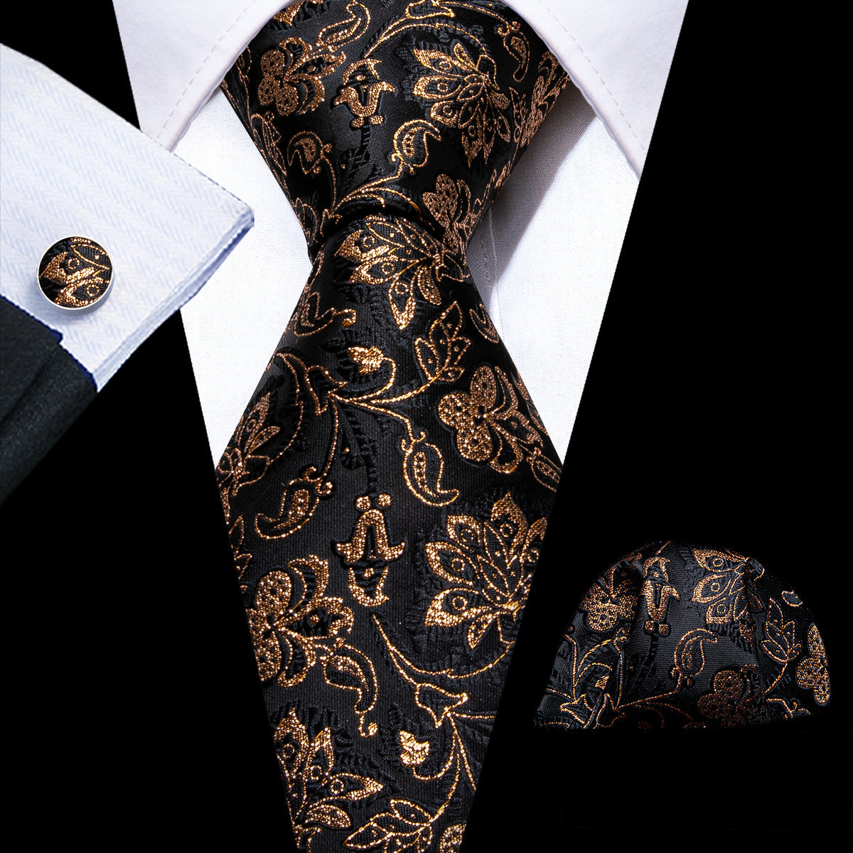 Black Gold Shining Paisley Tie, Pocket Square and Cufflinks Set tie sets - Sophisticated Gentlemen