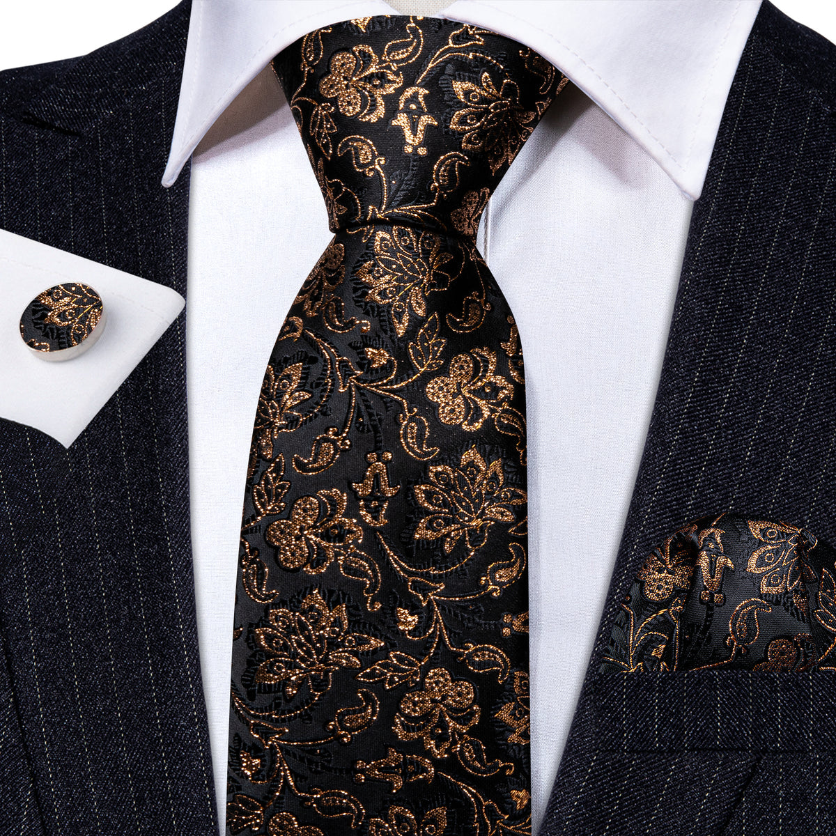 Black Gold Shining Paisley Tie, Pocket Square and Cufflinks Set tie sets - Sophisticated Gentlemen
