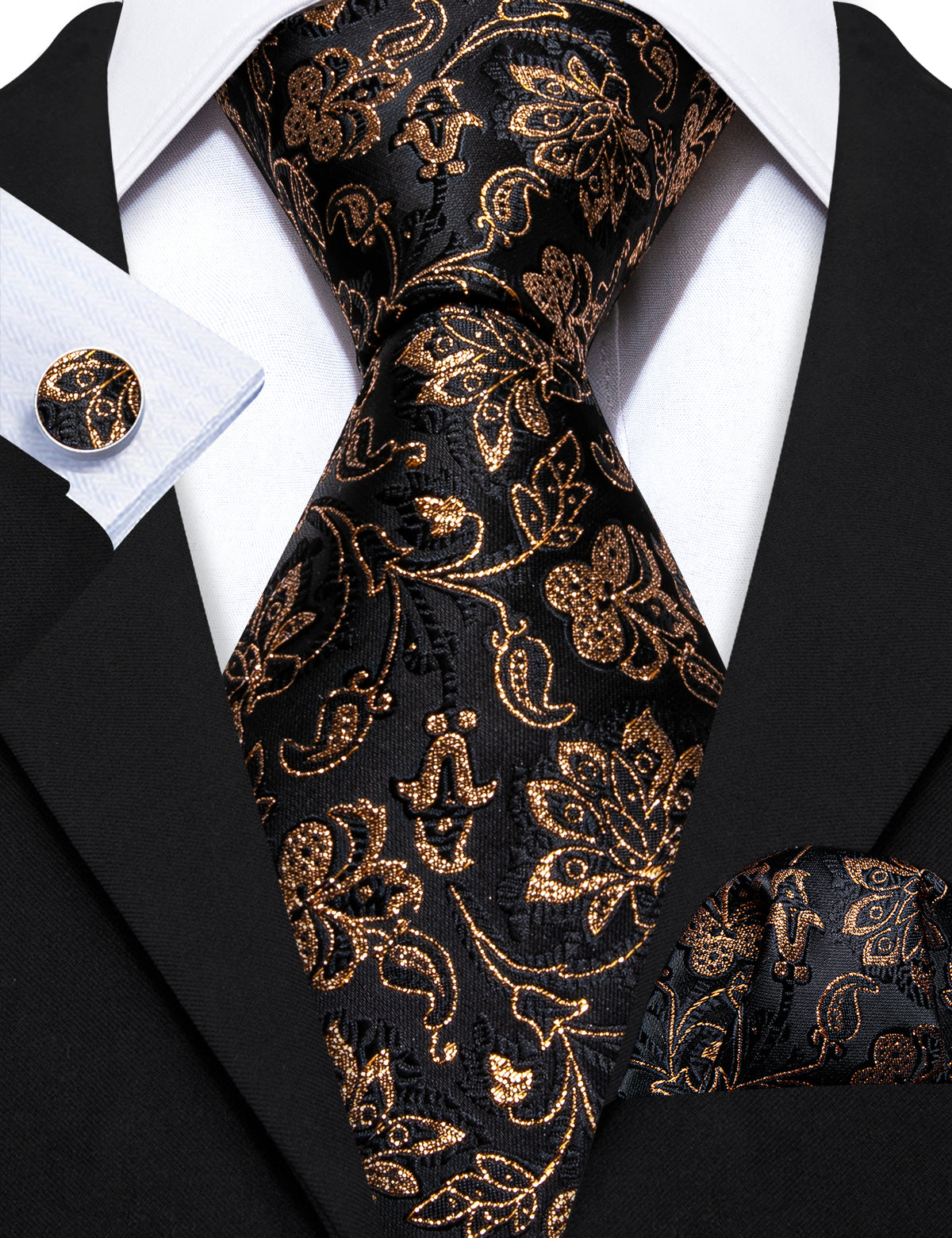 Black Gold Shining Paisley Tie, Pocket Square and Cufflinks Set tie sets - Sophisticated Gentlemen