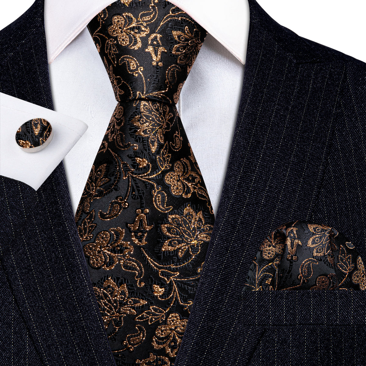 Black Gold Shining Paisley Tie, Pocket Square and Cufflinks Set tie sets - Sophisticated Gentlemen