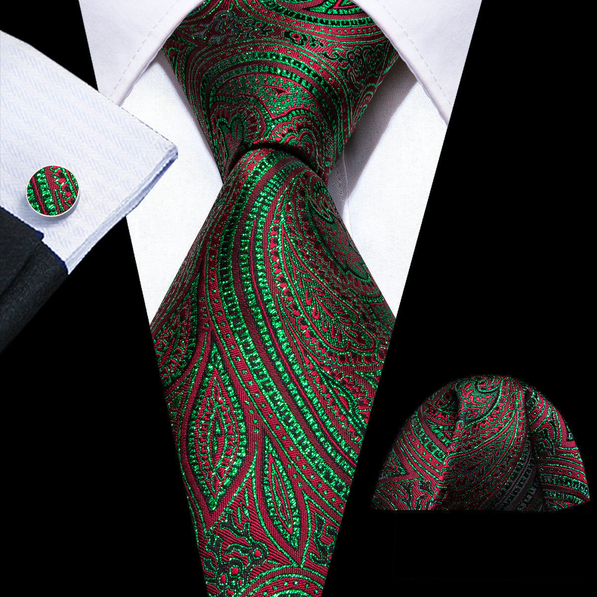 Green Red Paisley Silk Tie, Pocket Square and Cufflinks Set tie sets - Sophisticated Gentlemen