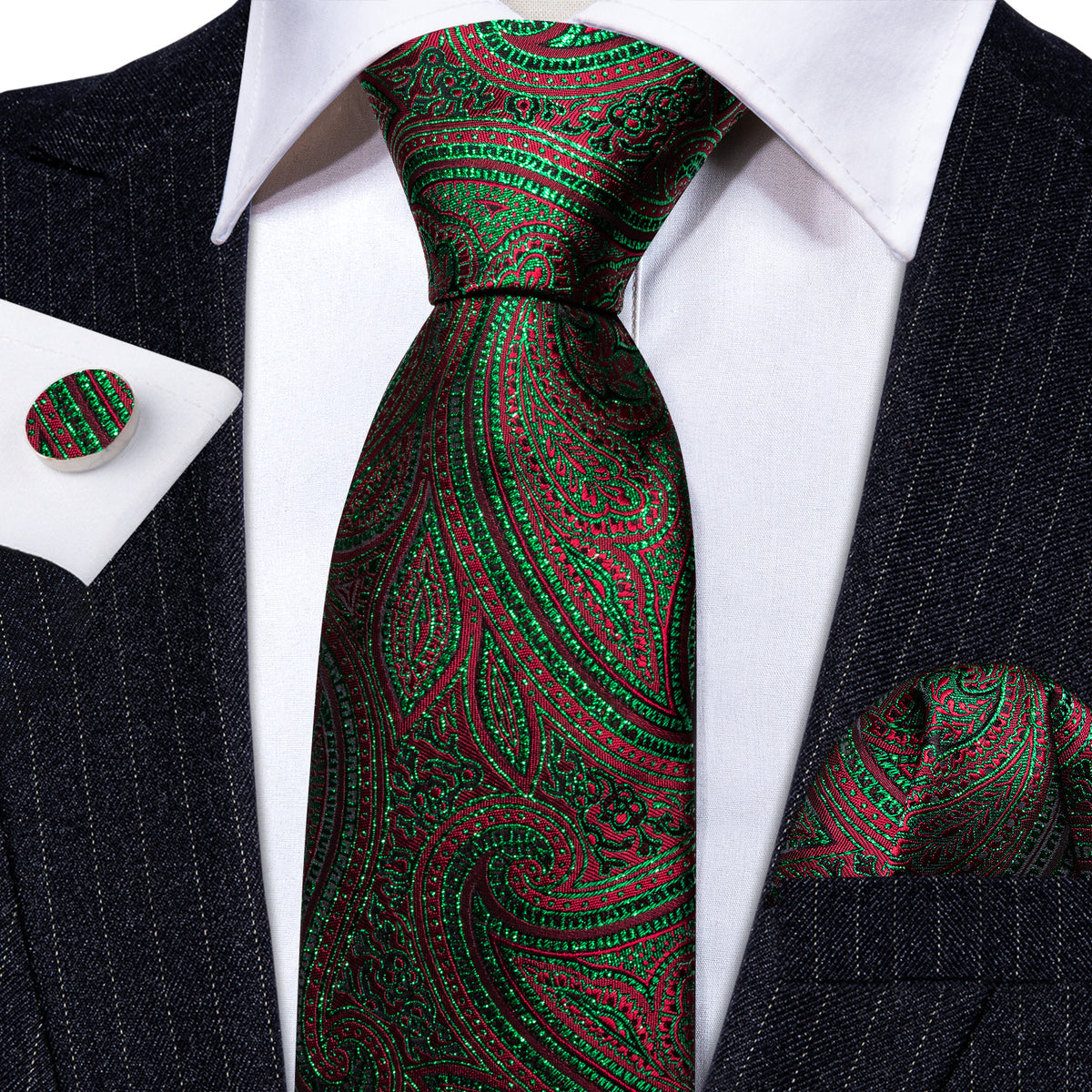 Green Red Paisley Silk Tie, Pocket Square and Cufflinks Set tie sets - Sophisticated Gentlemen