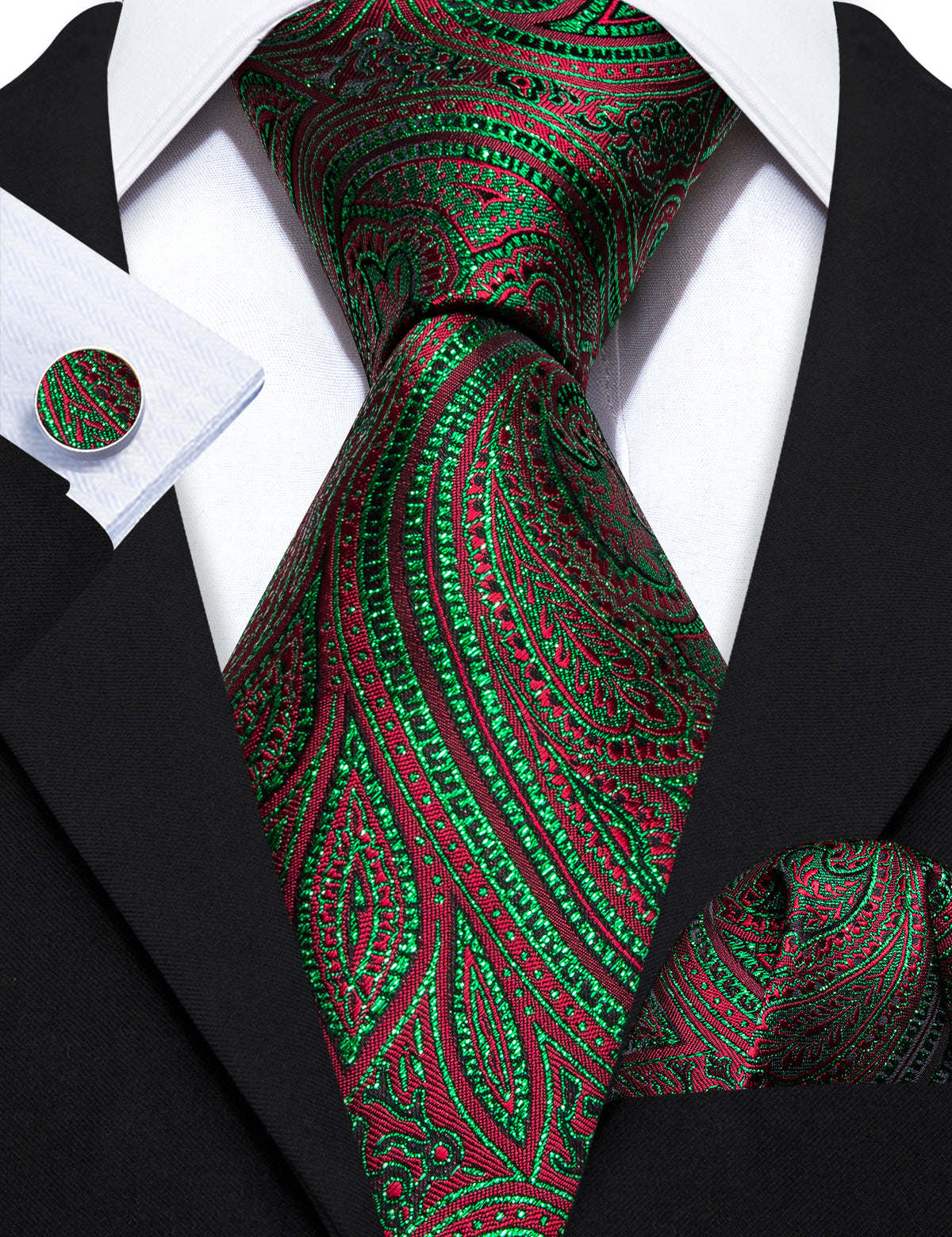 Green Red Paisley Silk Tie, Pocket Square and Cufflinks Set tie sets - Sophisticated Gentlemen