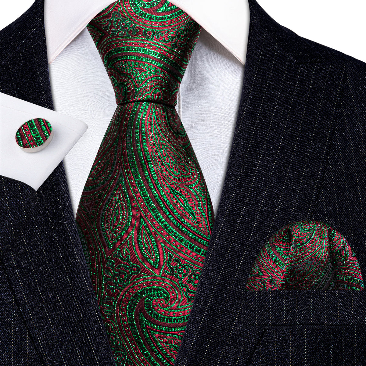 Green Red Paisley Silk Tie, Pocket Square and Cufflinks Set tie sets - Sophisticated Gentlemen