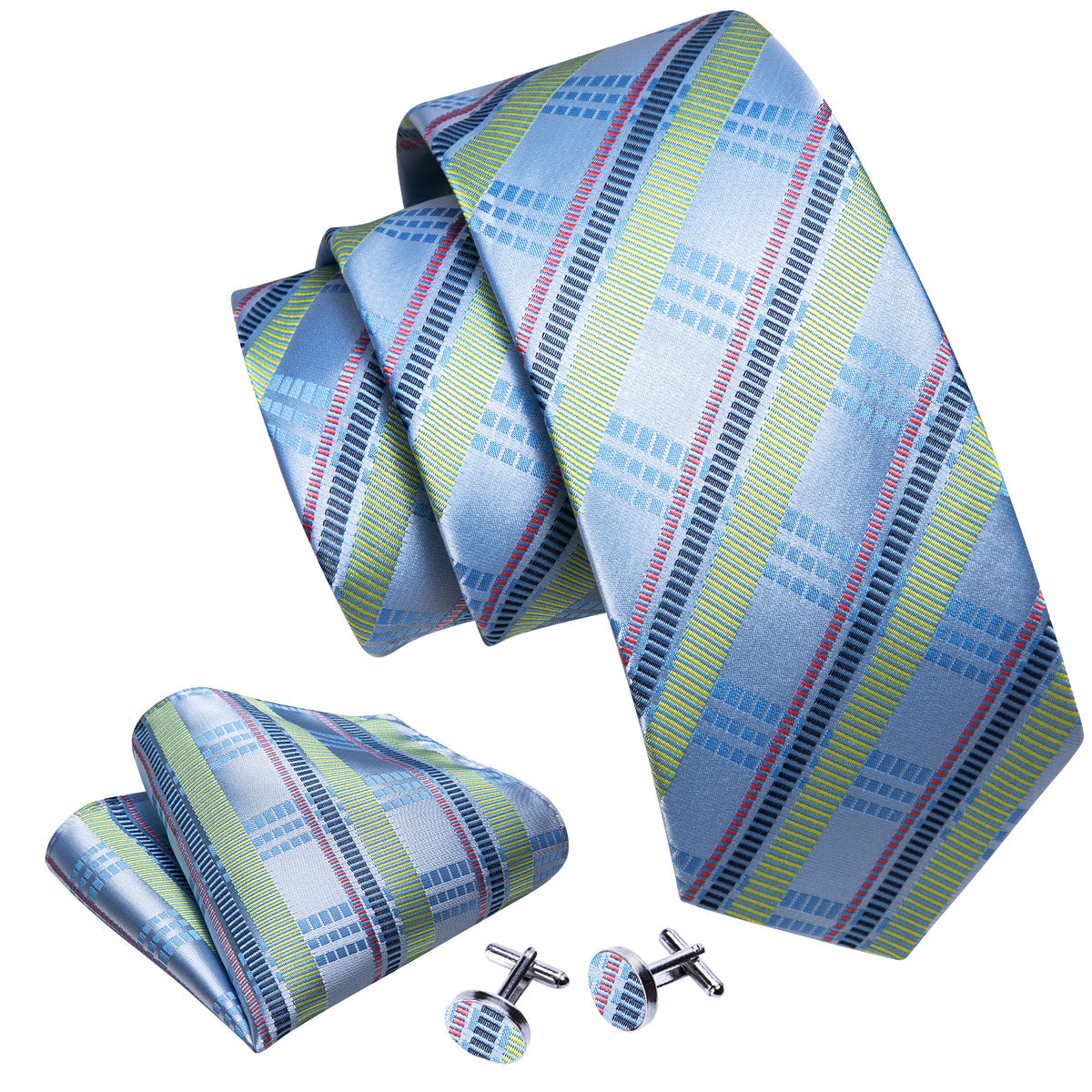 Blue Turquoise Striped Tie, Pocket Square and Cufflinks Set tie sets - Sophisticated Gentlemen