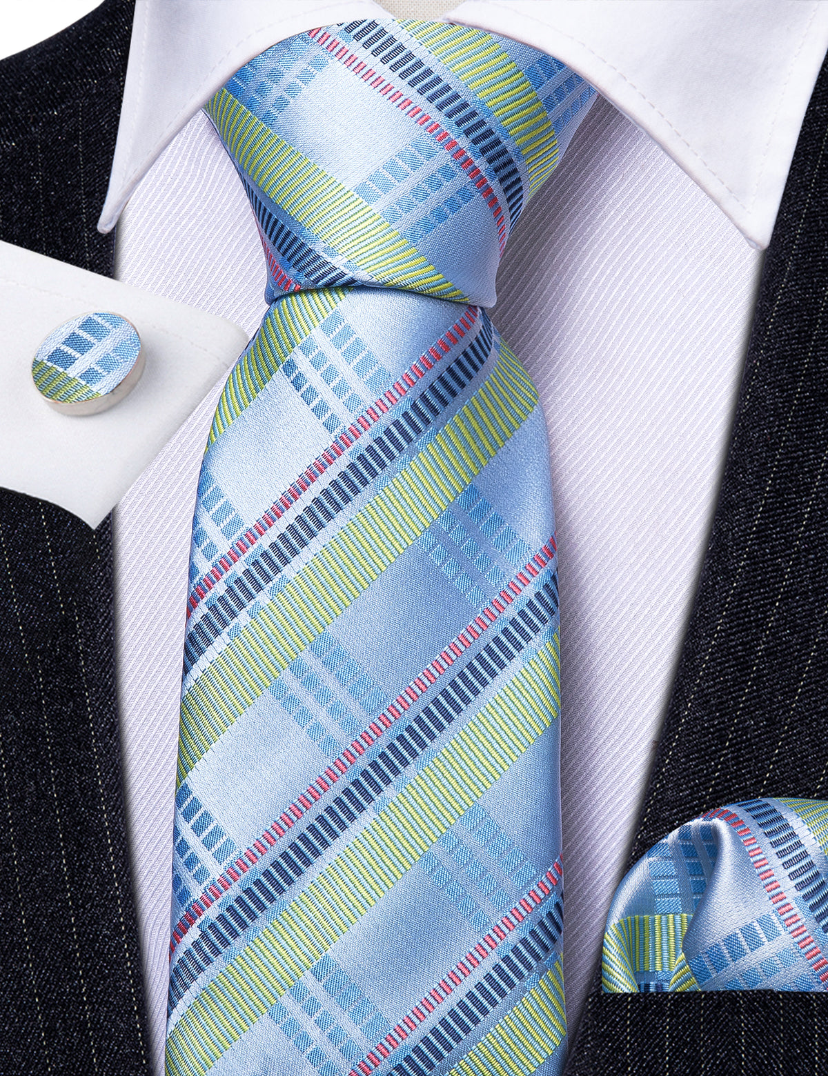 Blue Turquoise Striped Tie, Pocket Square and Cufflinks Set tie sets - Sophisticated Gentlemen
