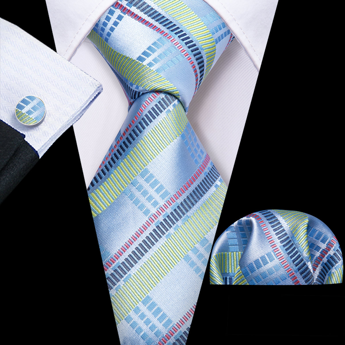 Blue Turquoise Striped Tie, Pocket Square and Cufflinks Set tie sets - Sophisticated Gentlemen