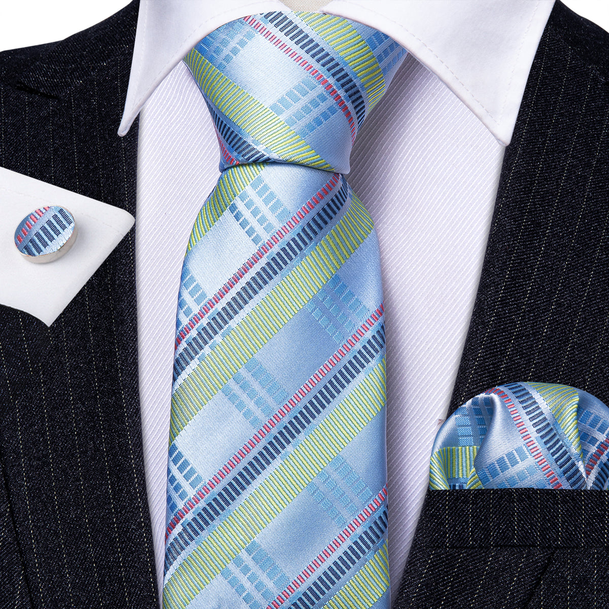 Blue Turquoise Striped Tie, Pocket Square and Cufflinks Set tie sets - Sophisticated Gentlemen