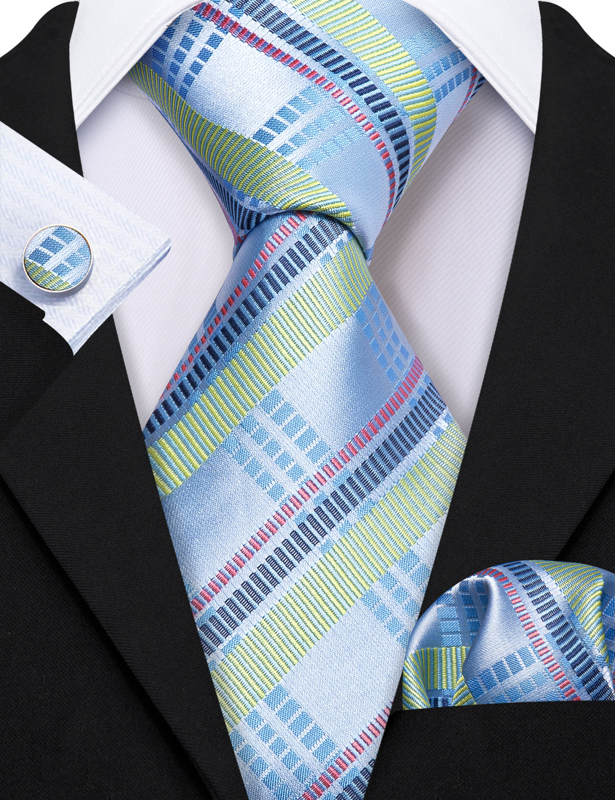 Blue Turquoise Striped Tie, Pocket Square and Cufflinks Set tie sets - Sophisticated Gentlemen