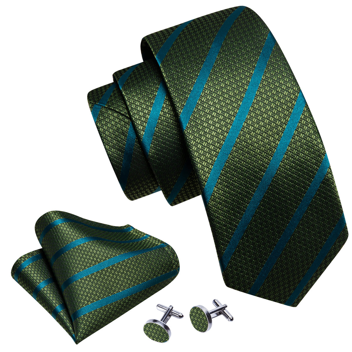 Green Teal Stripes Silk Tie, Pocket Square and Cufflinks Set tie sets - Sophisticated Gentlemen