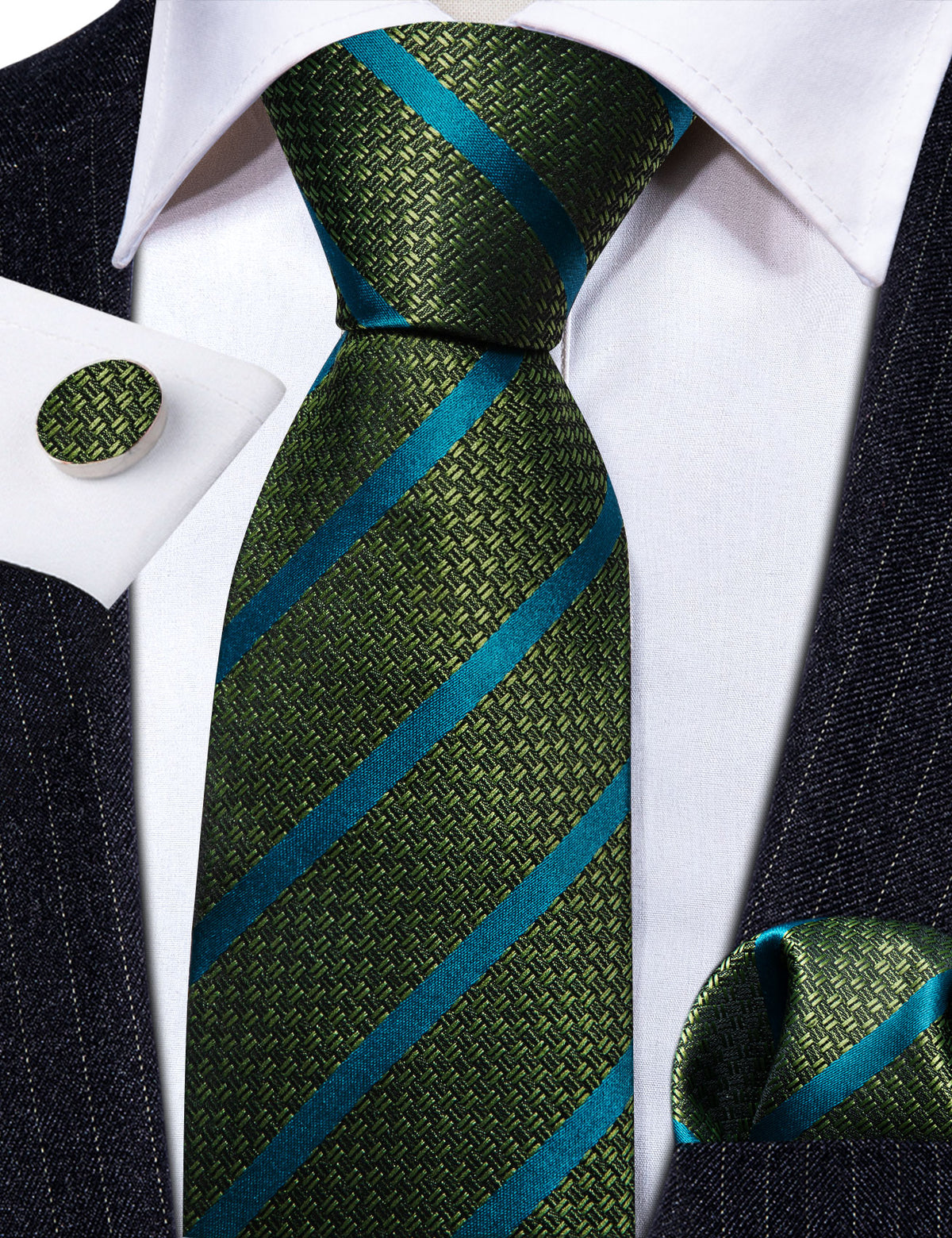 Green Teal Stripes Silk Tie, Pocket Square and Cufflinks Set tie sets - Sophisticated Gentlemen