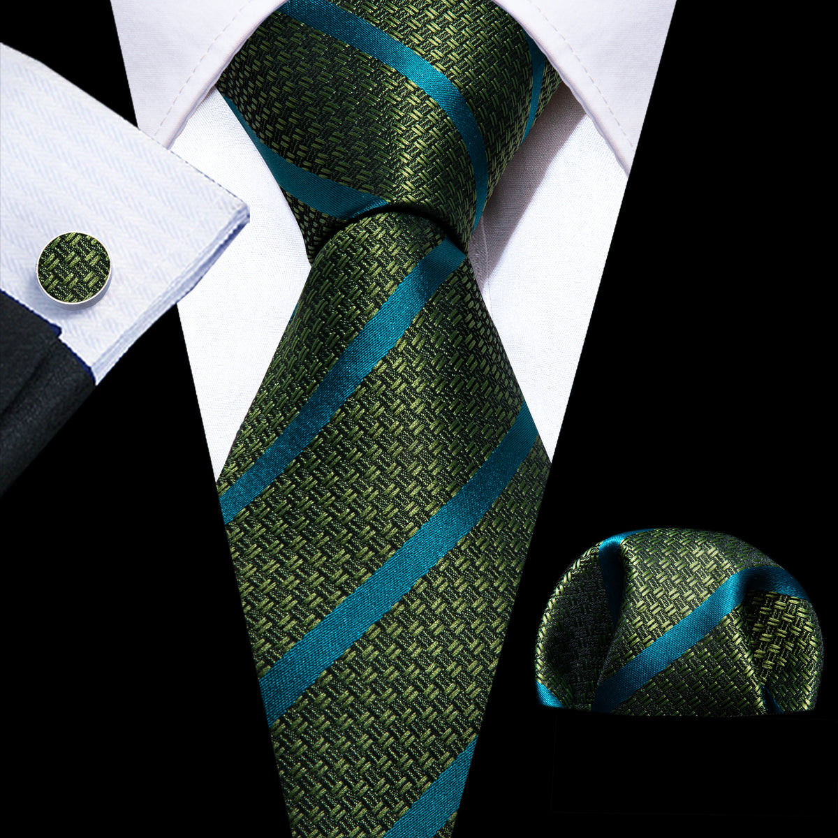 Green Teal Stripes Silk Tie, Pocket Square and Cufflinks Set tie sets - Sophisticated Gentlemen