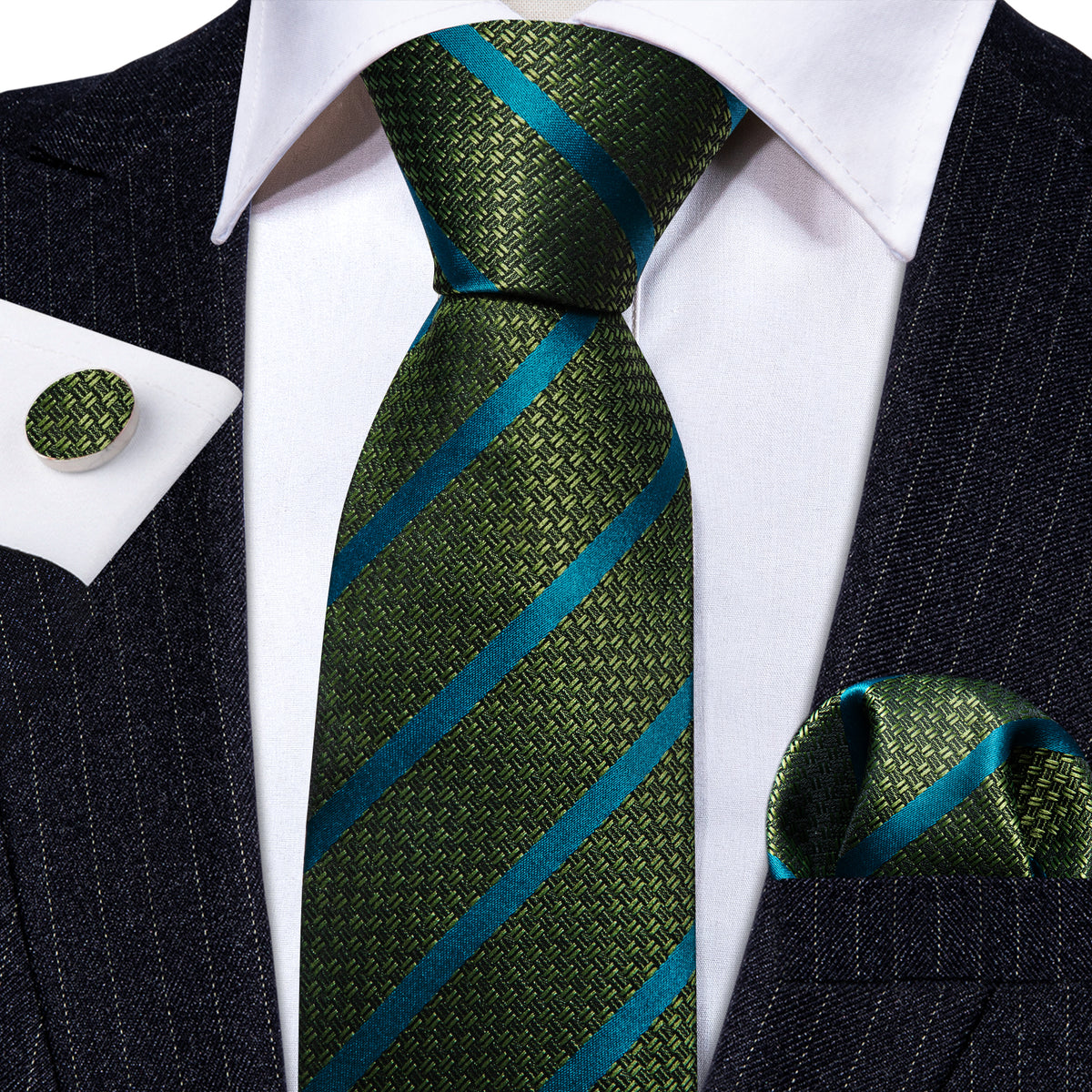 Green Teal Stripes Silk Tie, Pocket Square and Cufflinks Set tie sets - Sophisticated Gentlemen