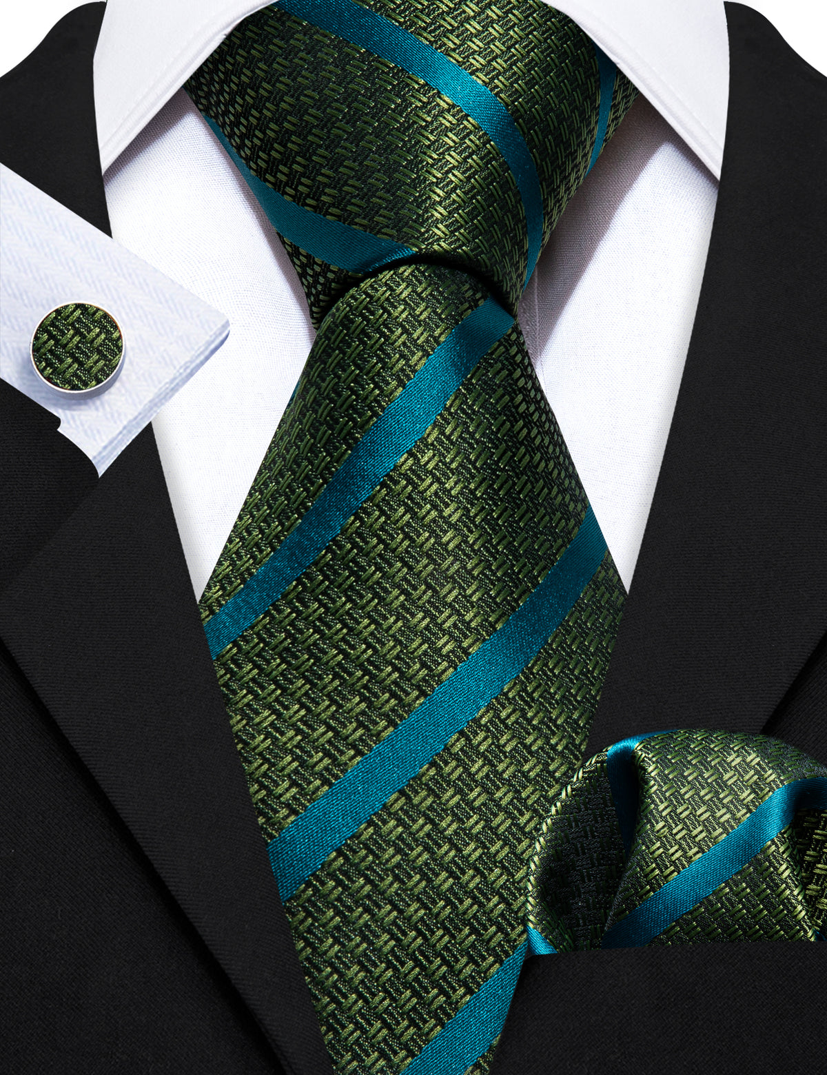 Green Teal Stripes Silk Tie, Pocket Square and Cufflinks Set tie sets - Sophisticated Gentlemen
